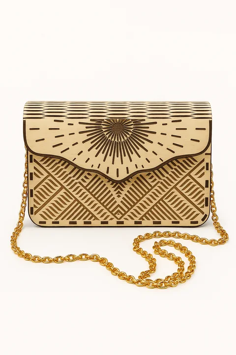 Borsa in legno con decorazioni geometriche intagliate e tracolla a catena